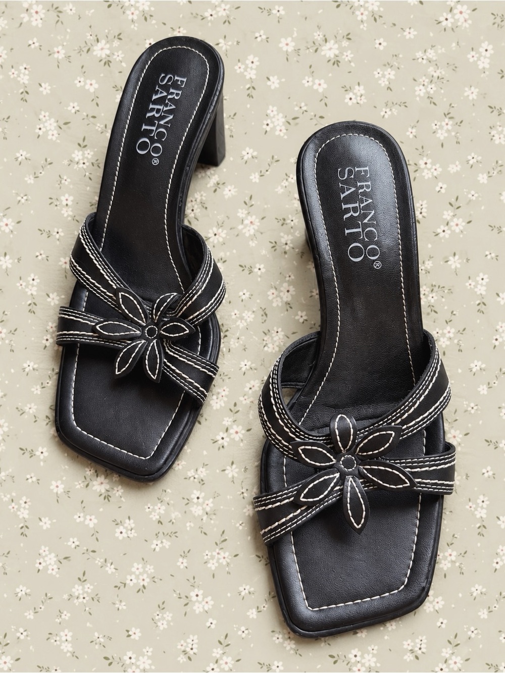 VTG Y2K 90s Franco Sarto Black Leather Square Toe Mule Heel Sandal US7.5 Fairy